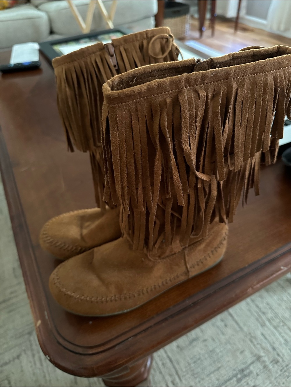 Kids Fringe Suede Boots in Brown